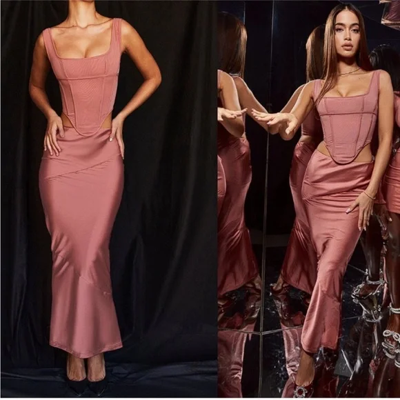 HOUSE OF CB SET Aella top 'Colette' Rose Satin Low Waist Midi Skirt NWOT‎ Size S